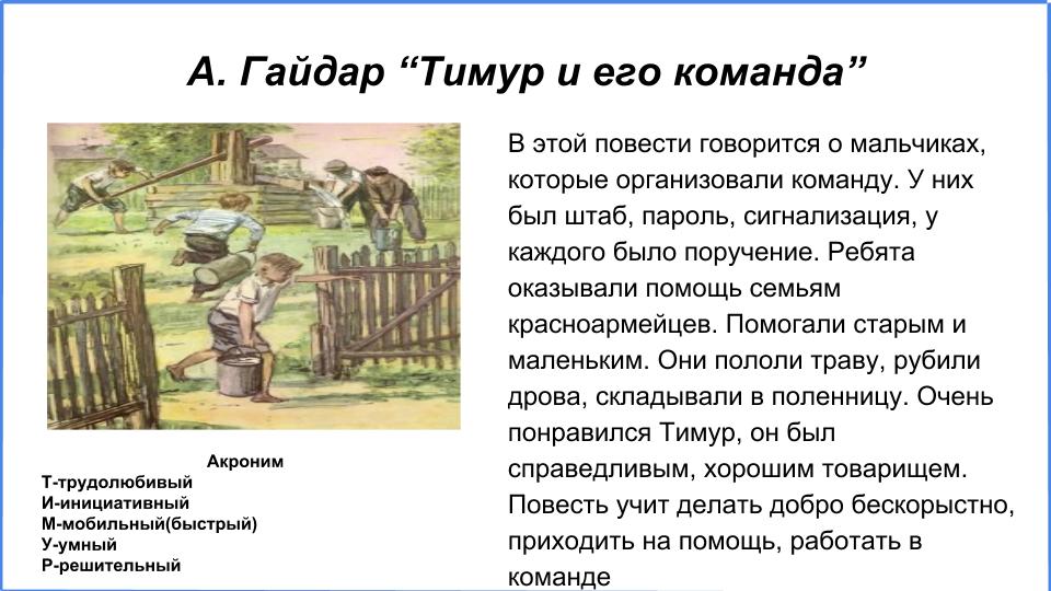 Повесть «тимур и его команда» для читательского дневника