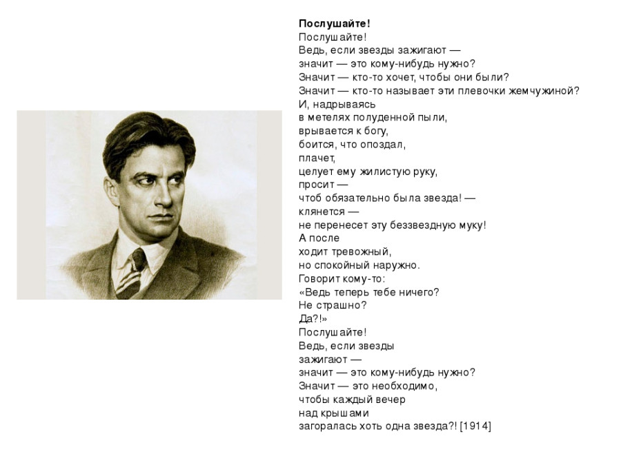 Комплексный анализ стихотворения маяковского "послушайте"