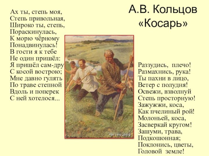 Презентация по литературе на тему а.в.кольцов горькая доля.  доклад, проект