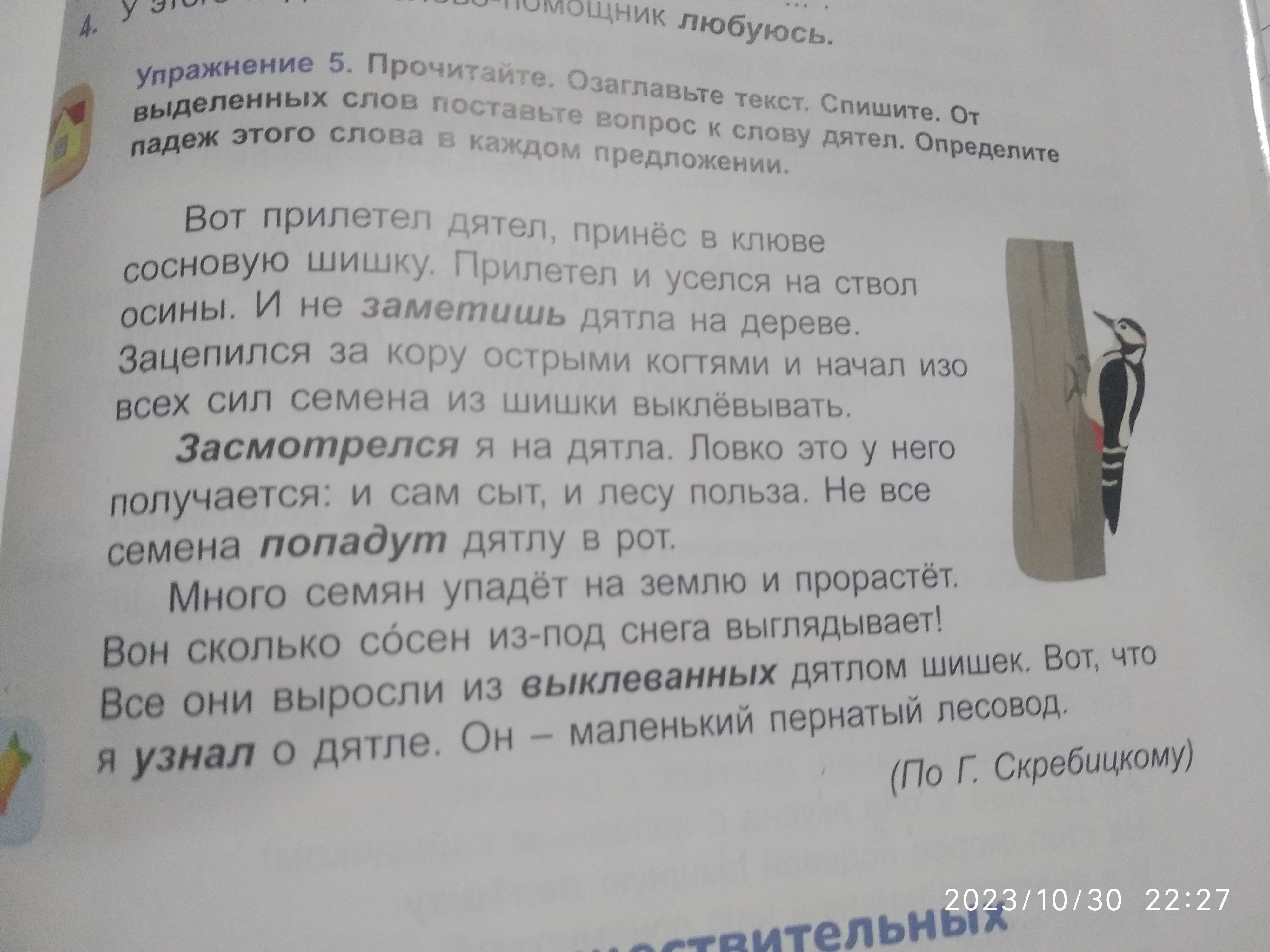 Расставь предложения так чтобы получился связный текст чем дятел кормится