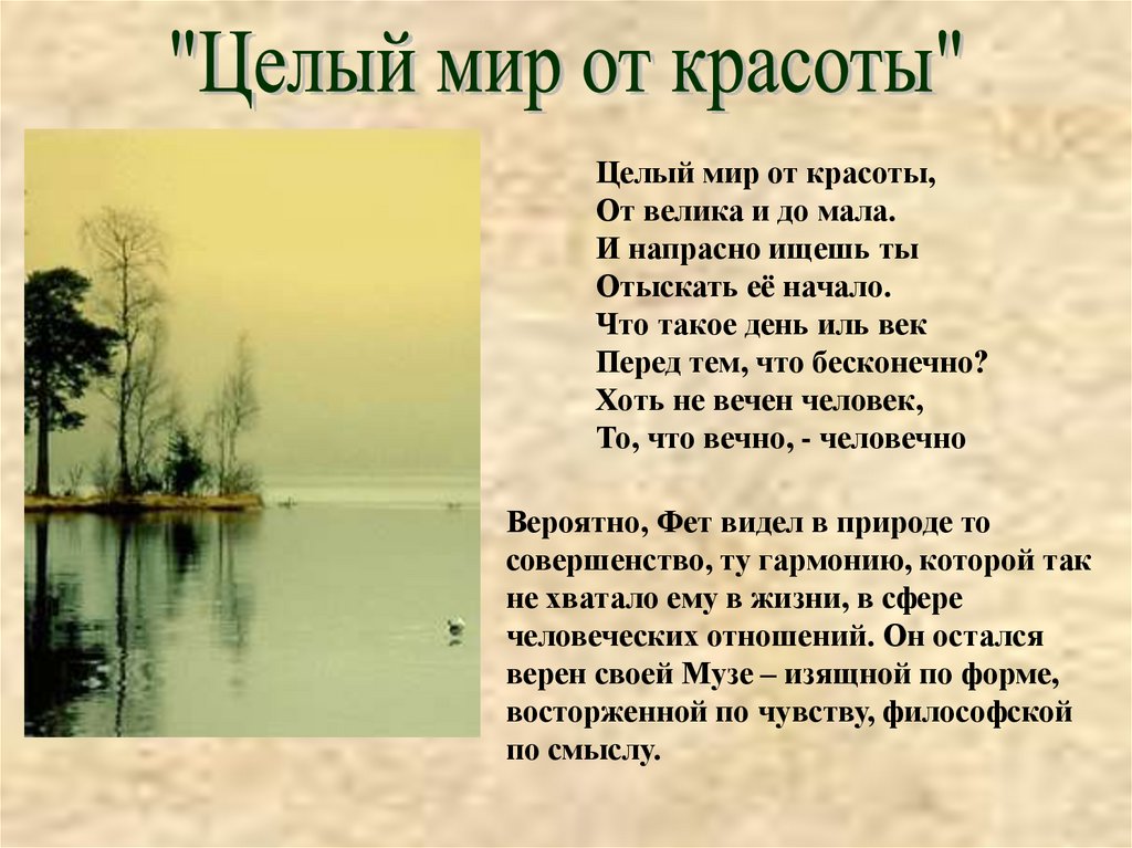 Анализ стихотворения целый мир от красоты фета