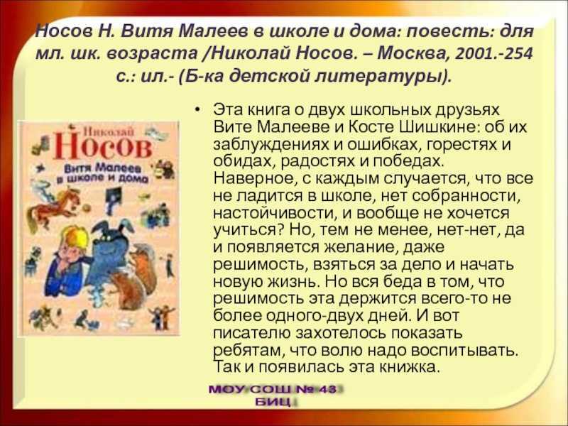 Носов н. “витя малеев в школе и дома” читательский дневник, краткое содержание